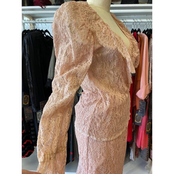 vintage 1980s sheer pink lace suit 80s fashion puff shoulders wrap blouse skirt - Picture 3 of 10